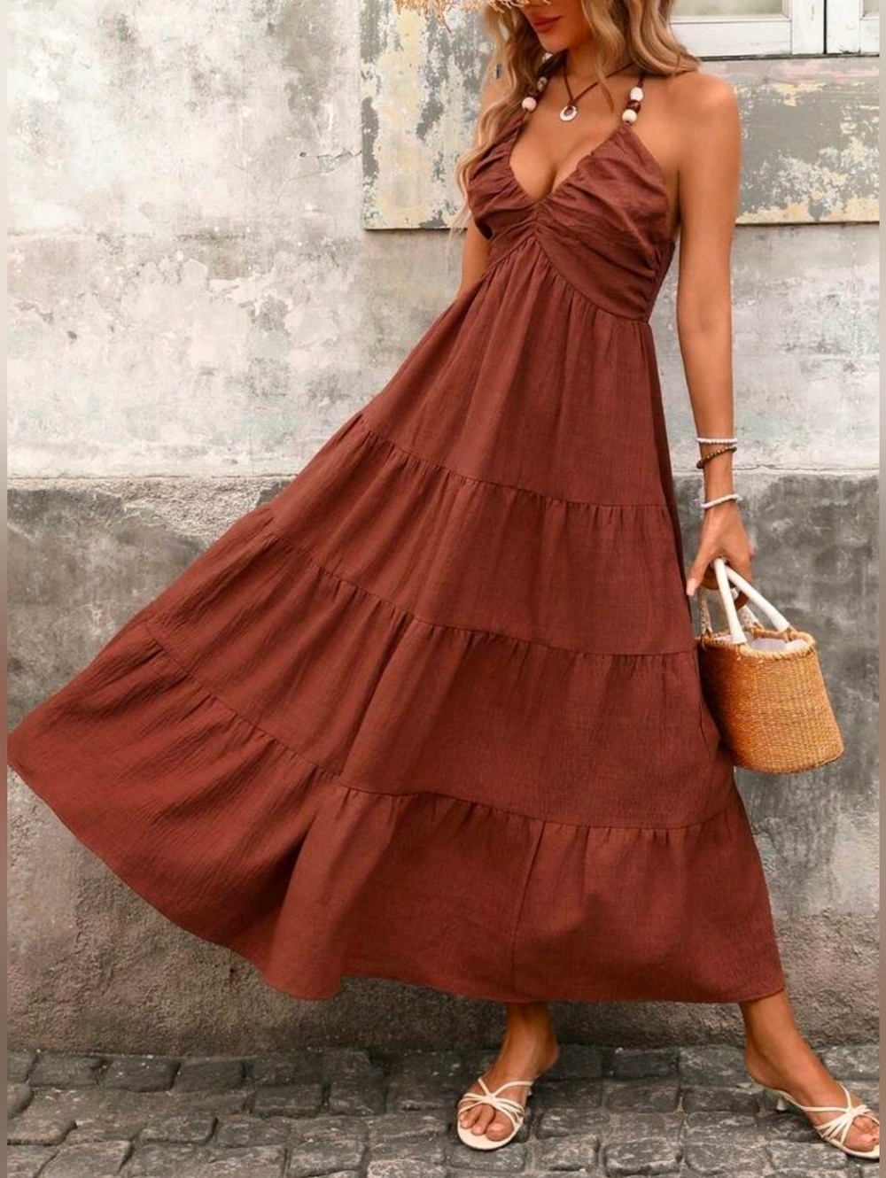 New Beaded Tie Halter Tiered Maxi Dress Rusty Brown - Picture 2 of 9